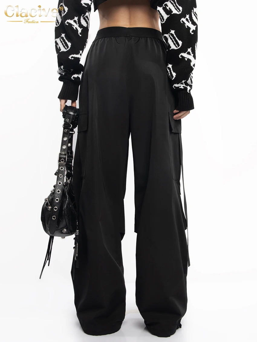 Clacive Fashion Loose Black Cargo Pants Women Elegant Elastic Waist Full Length Pants Casual Straight Trousers Female Clothing