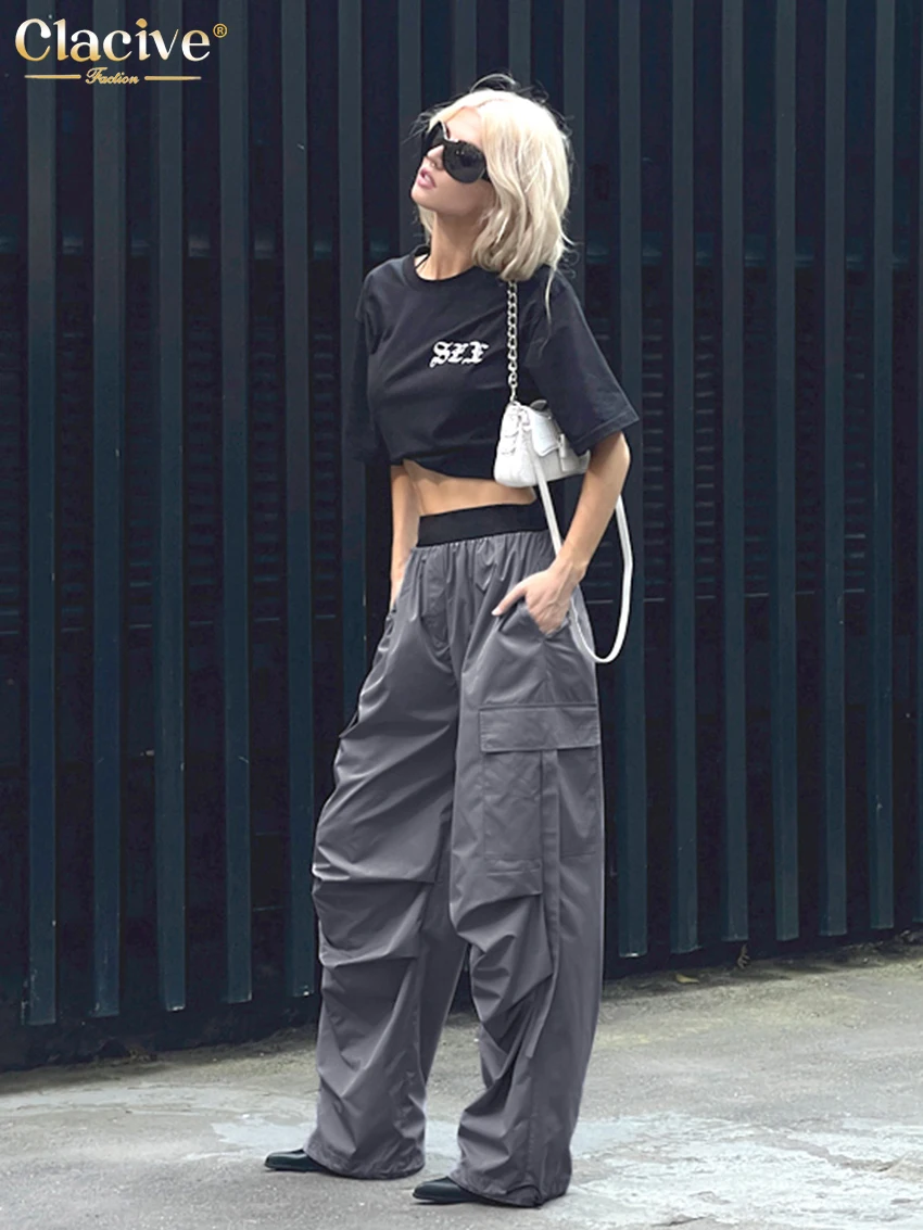 Clacive Fashion Loose Black Cargo Pants Women Elegant Elastic Waist Full Length Pants Casual Straight Trousers Female Clothing