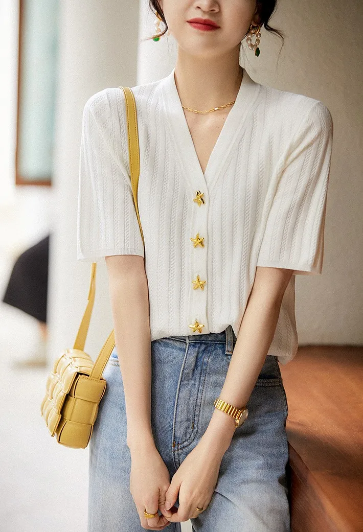 Fashion all-match ice silk short sleeve cardigan French slim V-neck T-shirt for women's summer starfish button cotton thread top