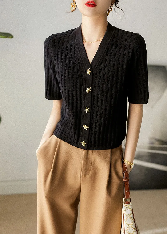 Fashion all-match ice silk short sleeve cardigan French slim V-neck T-shirt for women's summer starfish button cotton thread top