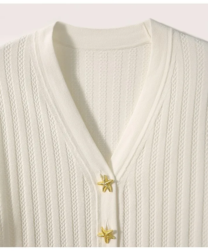 Fashion all-match ice silk short sleeve cardigan French slim V-neck T-shirt for women's summer starfish button cotton thread top