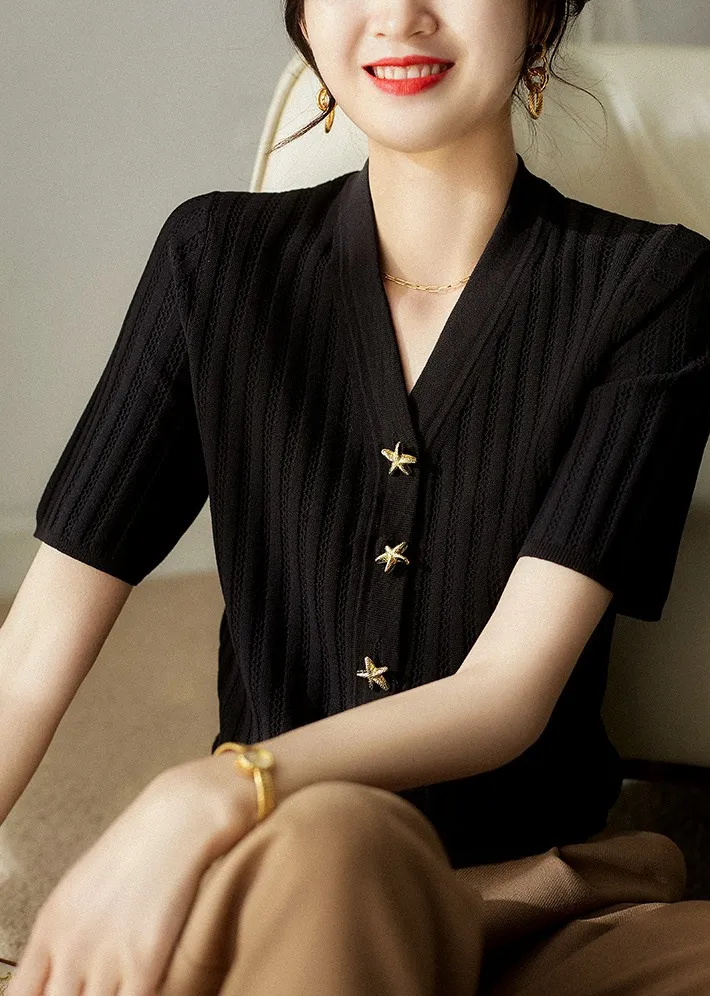 Fashion all-match ice silk short sleeve cardigan French slim V-neck T-shirt for women's summer starfish button cotton thread top