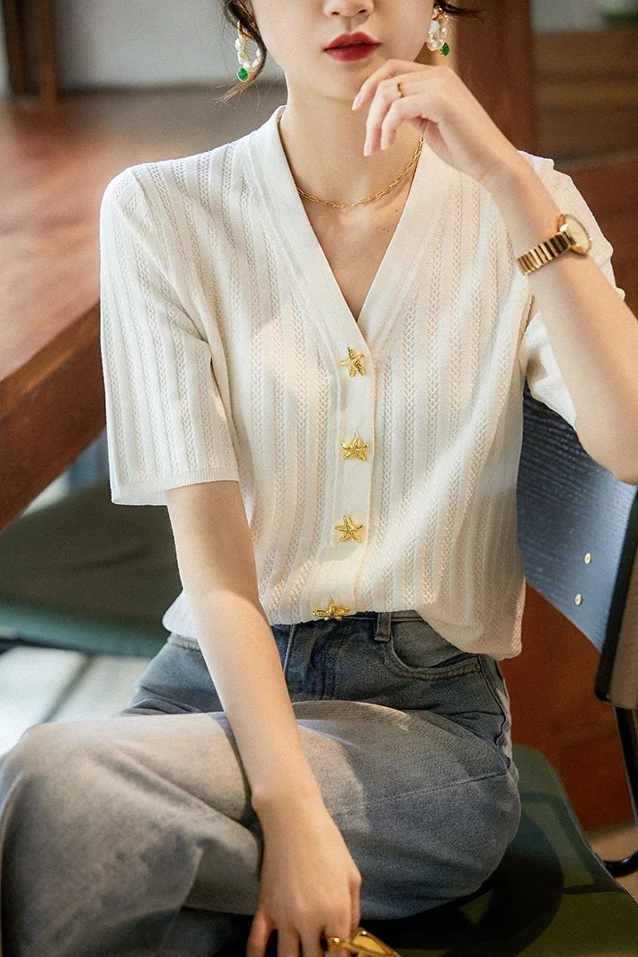Fashion all-match ice silk short sleeve cardigan French slim V-neck T-shirt for women's summer starfish button cotton thread top