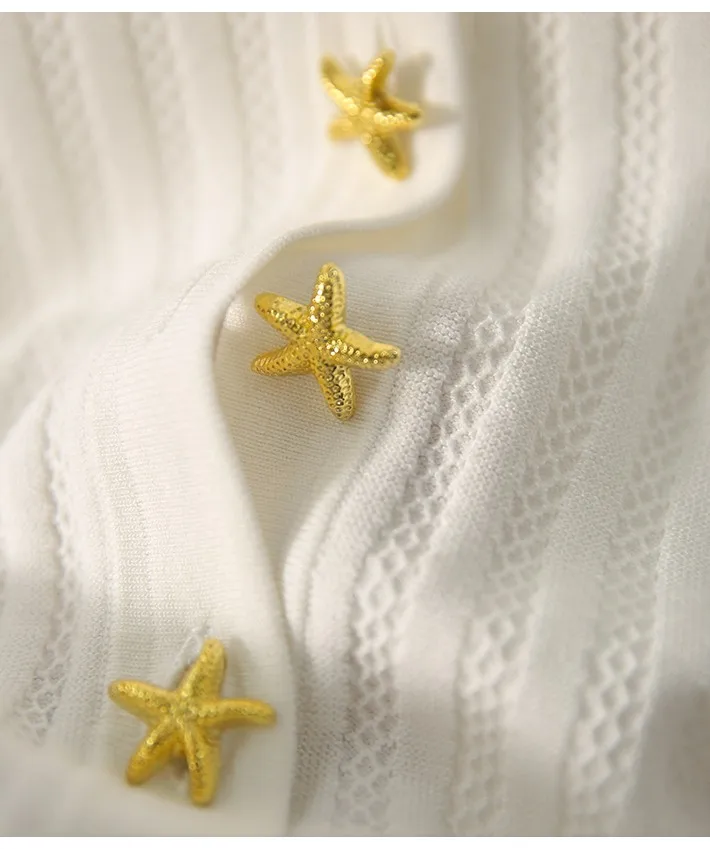 Fashion all-match ice silk short sleeve cardigan French slim V-neck T-shirt for women's summer starfish button cotton thread top