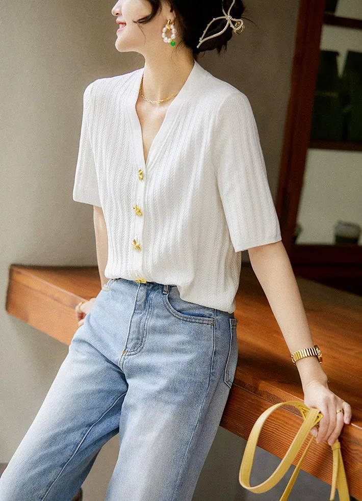 Fashion all-match ice silk short sleeve cardigan French slim V-neck T-shirt for women's summer starfish button cotton thread top