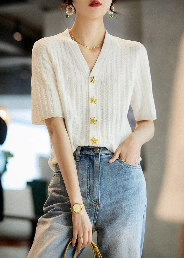 Fashion all-match ice silk short sleeve cardigan French slim V-neck T-shirt for women's summer starfish button cotton thread top