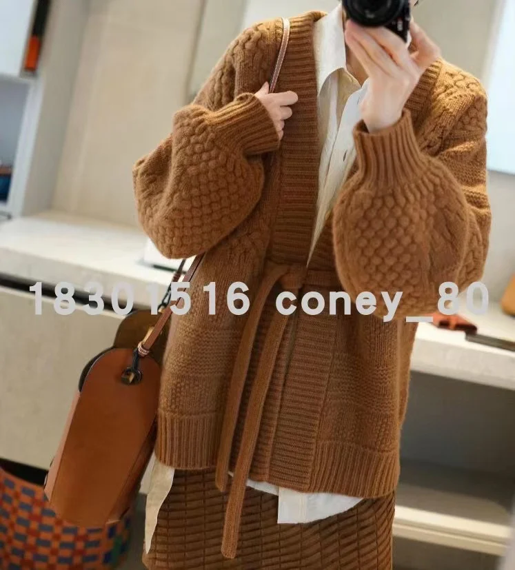 European goods heavy knit cashmere cardigan women loose wool coat autumn winter languid lazy long belt thick coat