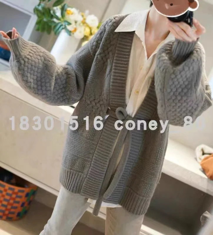 European goods heavy knit cashmere cardigan women loose wool coat autumn winter languid lazy long belt thick coat