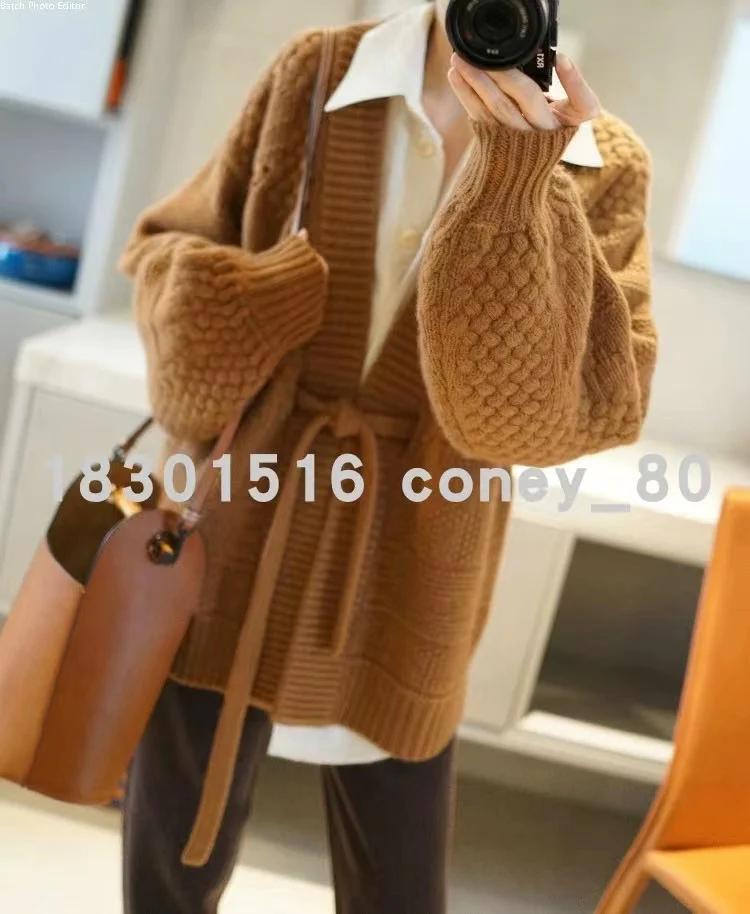 European goods heavy knit cashmere cardigan women loose wool coat autumn winter languid lazy long belt thick coat