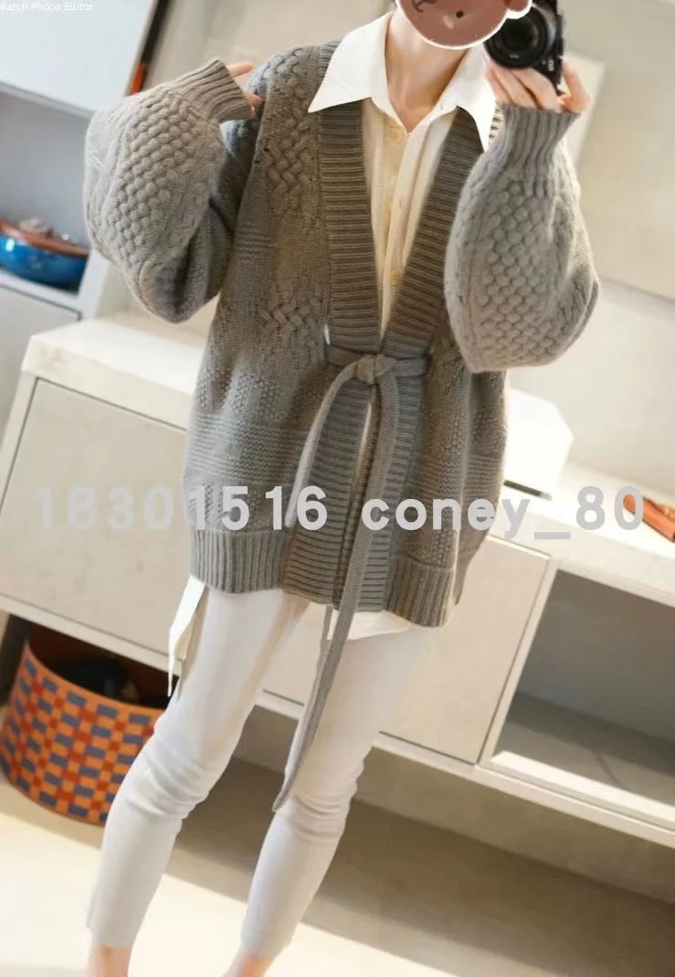 European goods heavy knit cashmere cardigan women loose wool coat autumn winter languid lazy long belt thick coat