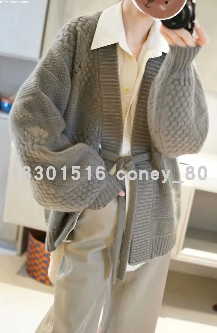 European goods heavy knit cashmere cardigan women loose wool coat autumn winter languid lazy long belt thick coat