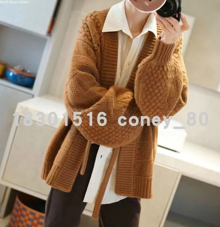 European goods heavy knit cashmere cardigan women loose wool coat autumn winter languid lazy long belt thick coat