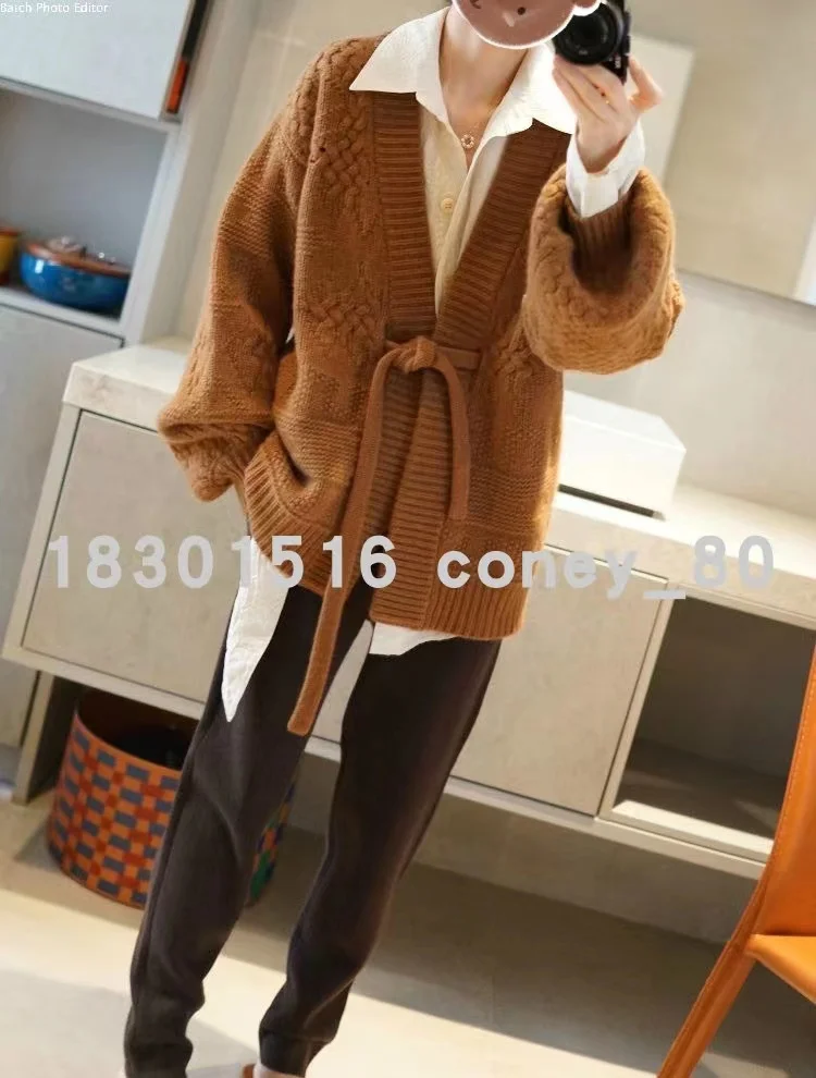 European goods heavy knit cashmere cardigan women loose wool coat autumn winter languid lazy long belt thick coat