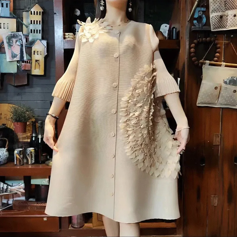 Summer 2023 New Miyake Pleated High-end Fashion Dress Cover Belly Three-dimensional Floating Flowers Elegant Midlength Dresses