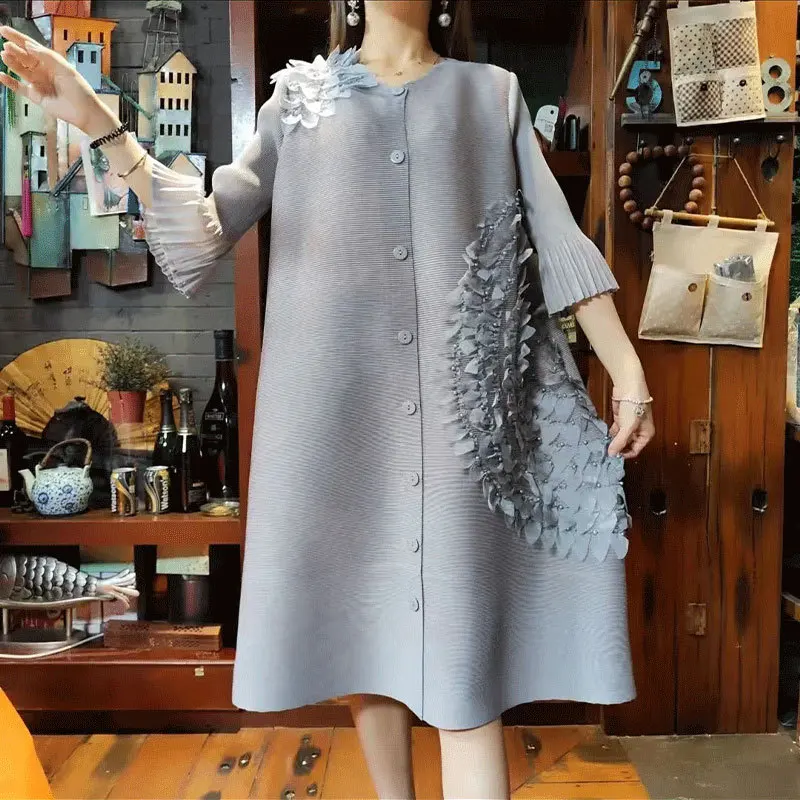 Summer 2023 New Miyake Pleated High-end Fashion Dress Cover Belly Three-dimensional Floating Flowers Elegant Midlength Dresses