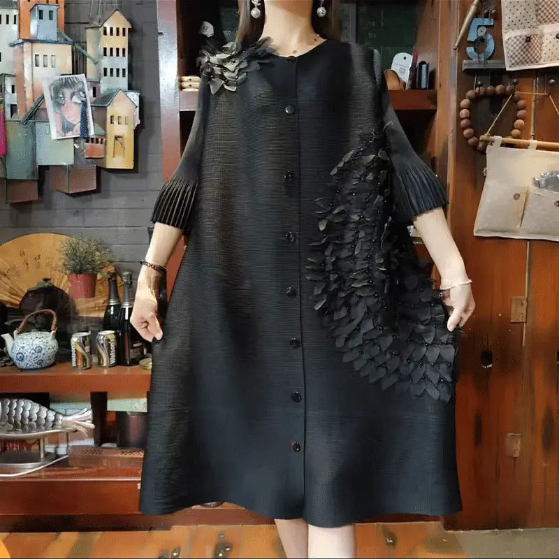 Summer 2023 New Miyake Pleated High-end Fashion Dress Cover Belly Three-dimensional Floating Flowers Elegant Midlength Dresses