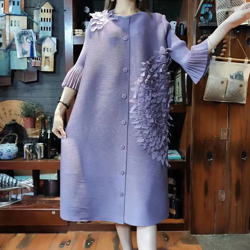 Summer 2023 New Miyake Pleated High-end Fashion Dress Cover Belly Three-dimensional Floating Flowers Elegant Midlength Dresses