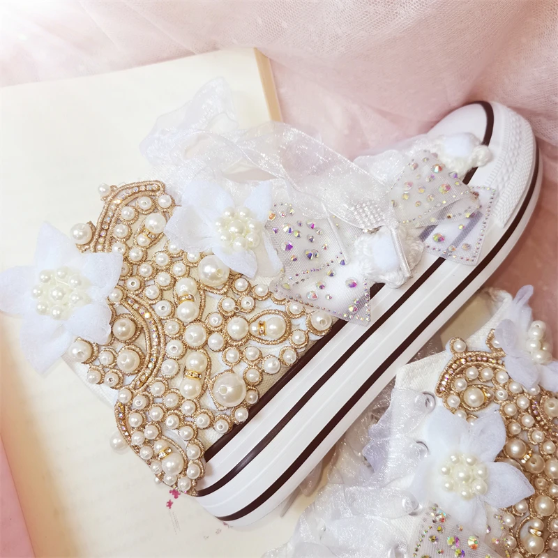 Girls Hand-made Bownot Shoes Women High Top Canvas Sneakers DIY Pearl Flower Sweet Sports Vulcanized Shoes Wedding Party Shoe