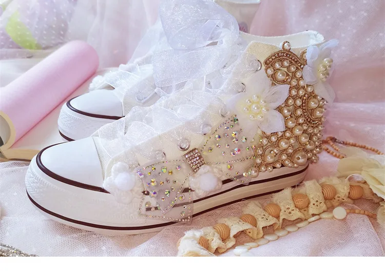 Girls Hand-made Bownot Shoes Women High Top Canvas Sneakers DIY Pearl Flower Sweet Sports Vulcanized Shoes Wedding Party Shoe