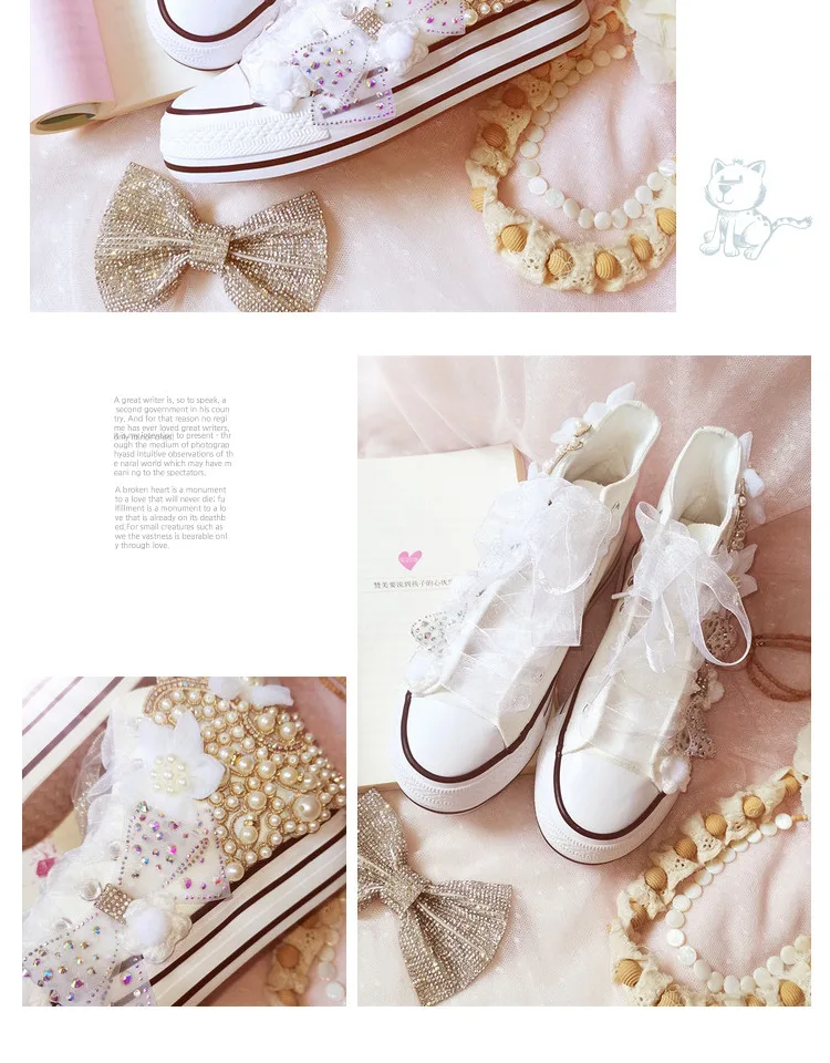 Girls Hand-made Bownot Shoes Women High Top Canvas Sneakers DIY Pearl Flower Sweet Sports Vulcanized Shoes Wedding Party Shoe
