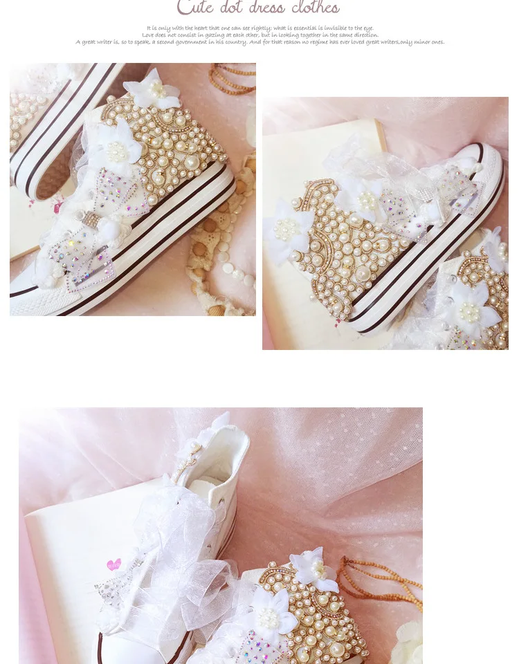 Girls Hand-made Bownot Shoes Women High Top Canvas Sneakers DIY Pearl Flower Sweet Sports Vulcanized Shoes Wedding Party Shoe