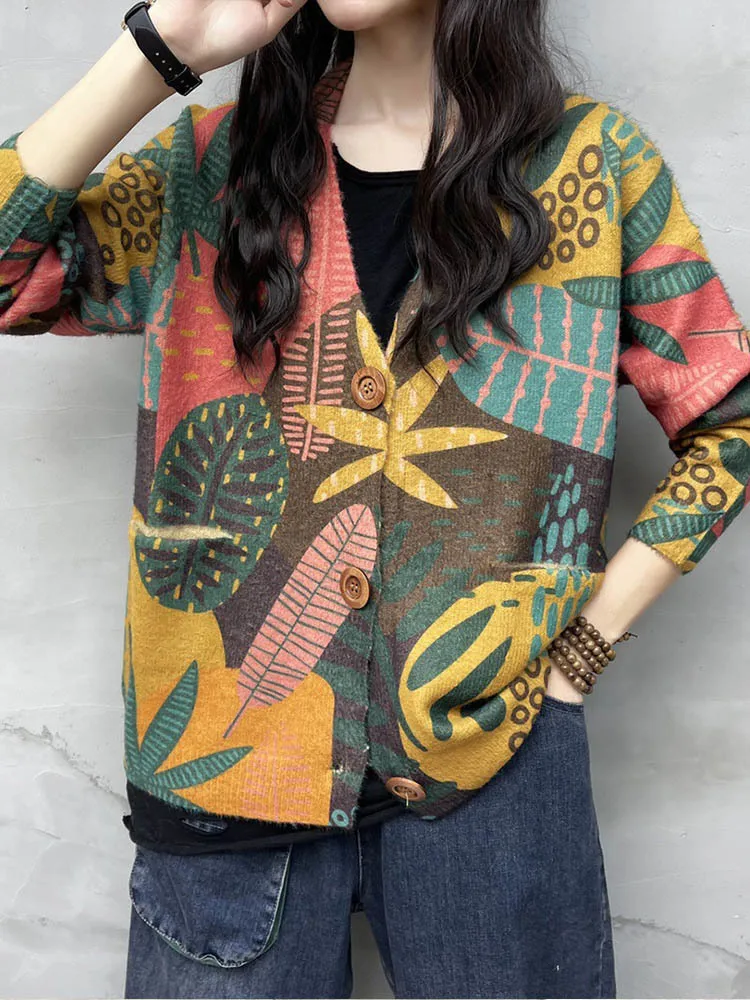 Amax luluE 2024 Korean Winter Fashion Floral Knitwear Womens Loose Warm Printed Sweaters Ladies Leisure V Neck Knitted Cardigans