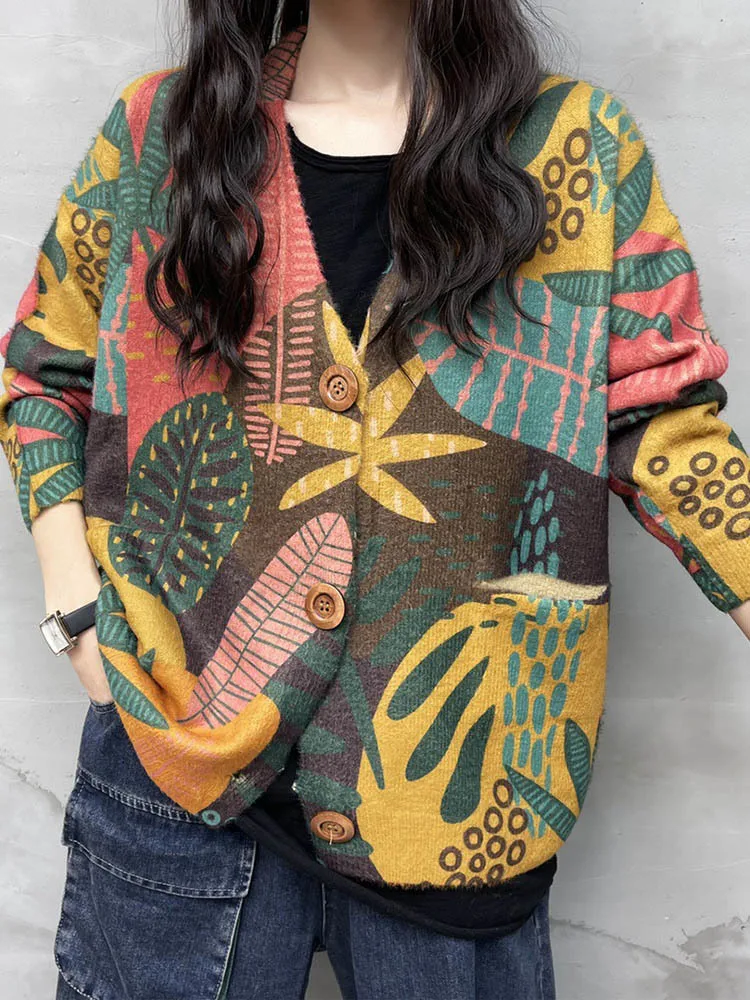 Amax luluE 2024 Korean Winter Fashion Floral Knitwear Womens Loose Warm Printed Sweaters Ladies Leisure V Neck Knitted Cardigans