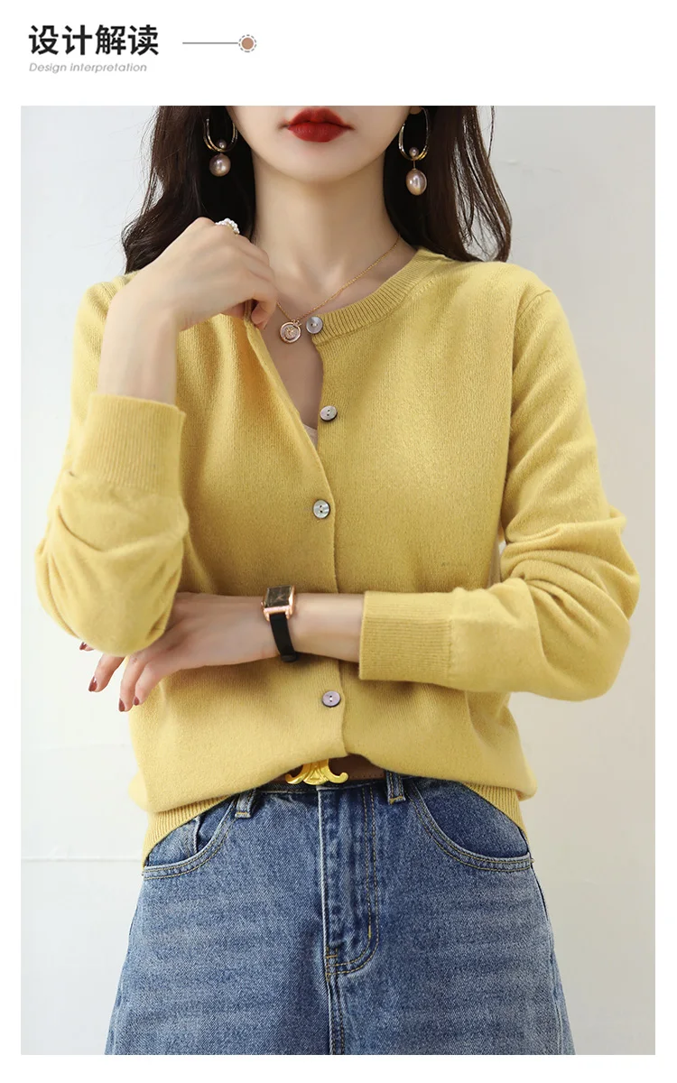 Knitted Cardigan Women's Sweater Autumn And Winter 2022 New Solid Color Coat Round Neck Short Long  Sleeve Loose  Korean Fashion