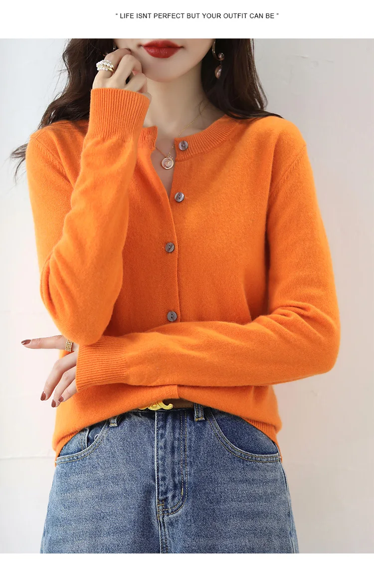 Knitted Cardigan Women's Sweater Autumn And Winter 2022 New Solid Color Coat Round Neck Short Long  Sleeve Loose  Korean Fashion