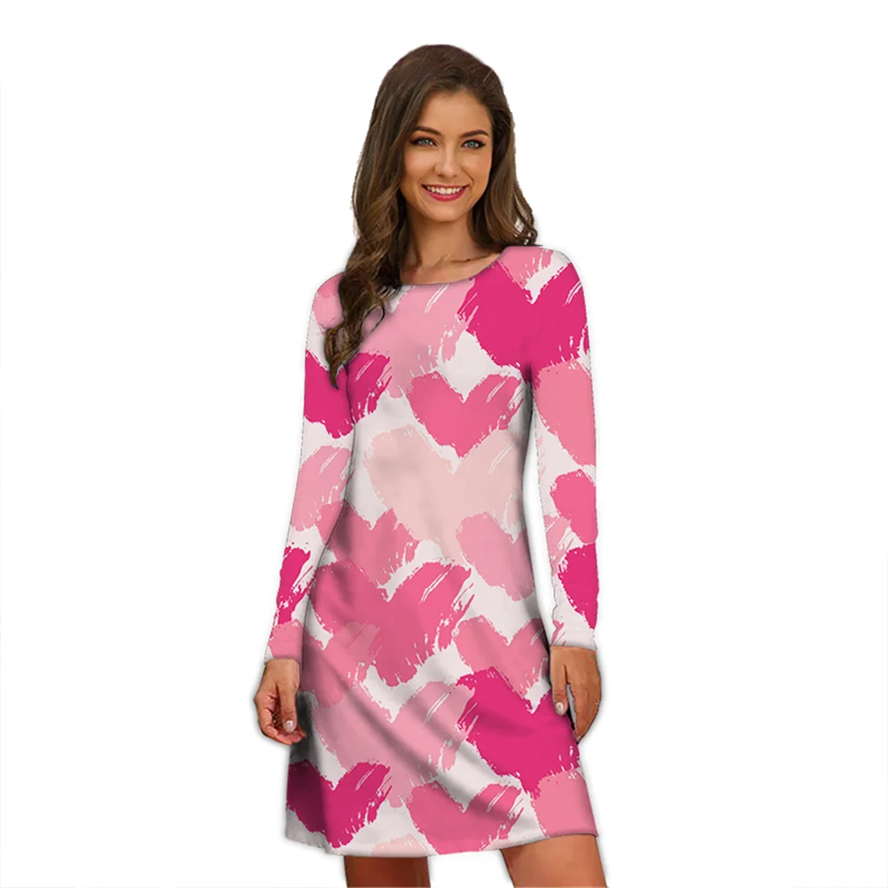 Heart A-Line Dress Holiday Print Cute Dresses Women 2022 Long Sleeve Stylish Street Style Dress Oversized Autumn Loose Clothing