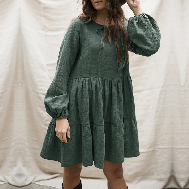 Muslin 100% Cotton Dress Retro Loose Ruffles Long Sleeve Green Dresses Women Robe