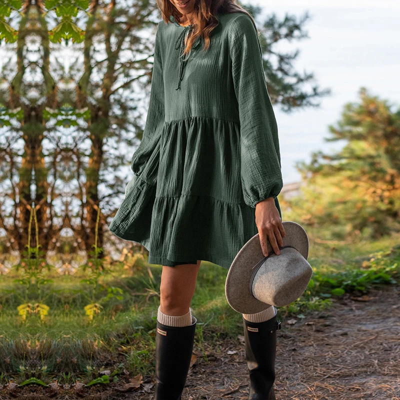 Muslin 100% Cotton Dress Retro Loose Ruffles Long Sleeve Green Dresses Women Robe