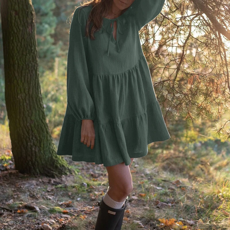 Muslin 100% Cotton Dress Retro Loose Ruffles Long Sleeve Green Dresses Women Robe