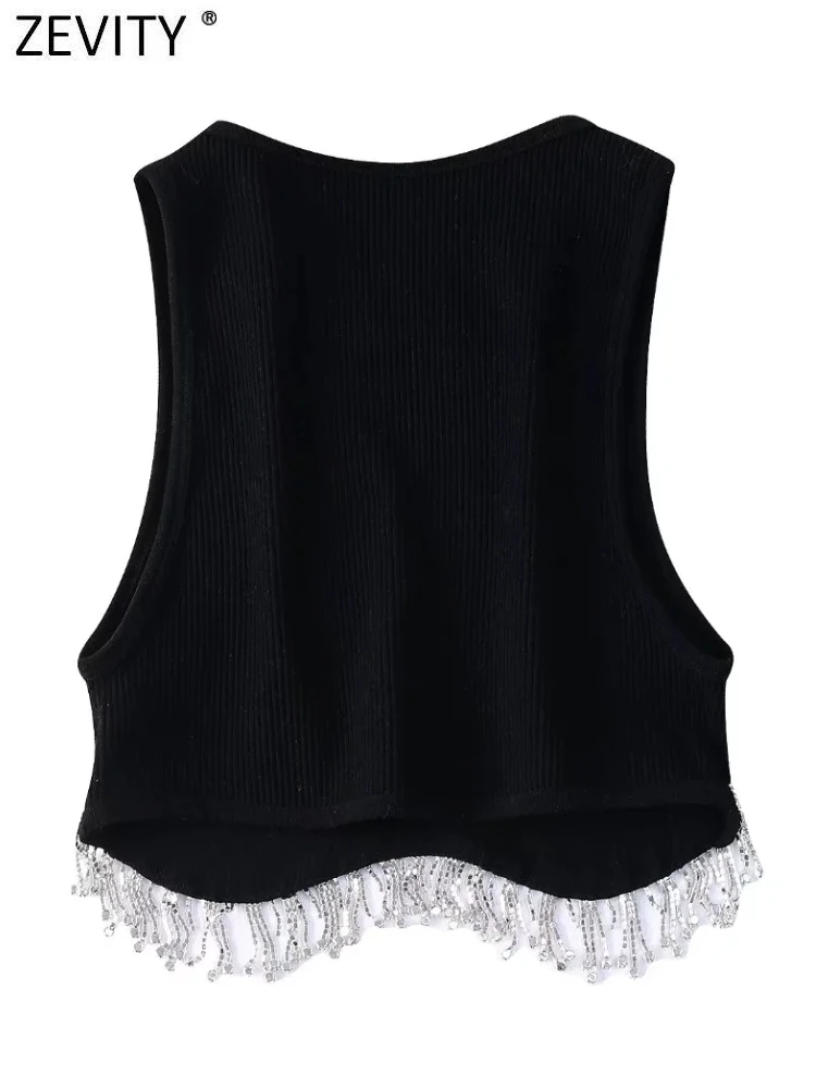 Zevity Women High Street Sexy Hem Tassel Diamond Beading Knitting T Shirt Chic Short Camis Tank Lady Slim Crop Vest Tops LS1311