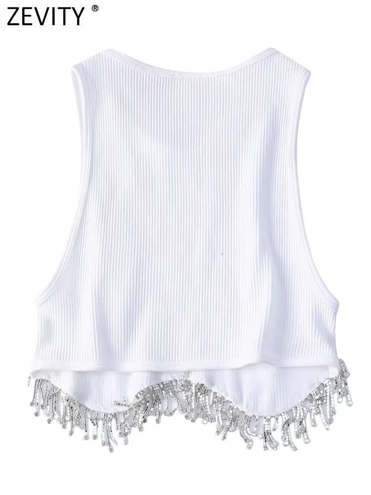 Zevity Women High Street Sexy Hem Tassel Diamond Beading Knitting T Shirt Chic Short Camis Tank Lady Slim Crop Vest Tops LS1311