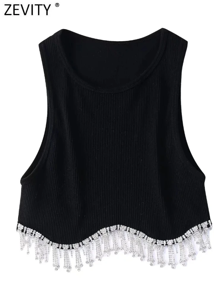Zevity Women High Street Sexy Hem Tassel Diamond Beading Knitting T Shirt Chic Short Camis Tank Lady Slim Crop Vest Tops LS1311