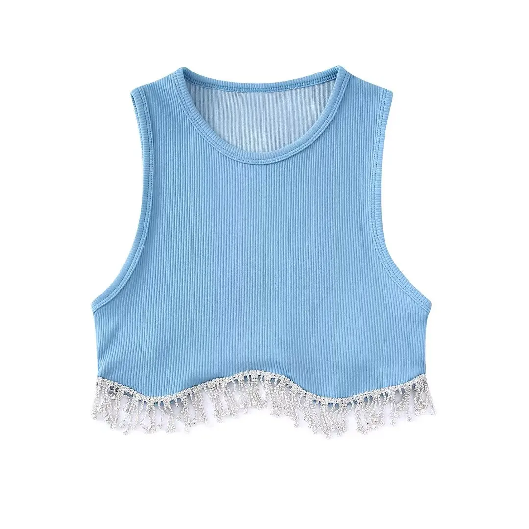 Zevity Women High Street Sexy Hem Tassel Diamond Beading Knitting T Shirt Chic Short Camis Tank Lady Slim Crop Vest Tops LS1311