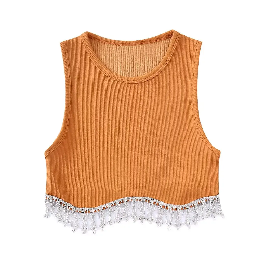 Zevity Women High Street Sexy Hem Tassel Diamond Beading Knitting T Shirt Chic Short Camis Tank Lady Slim Crop Vest Tops LS1311