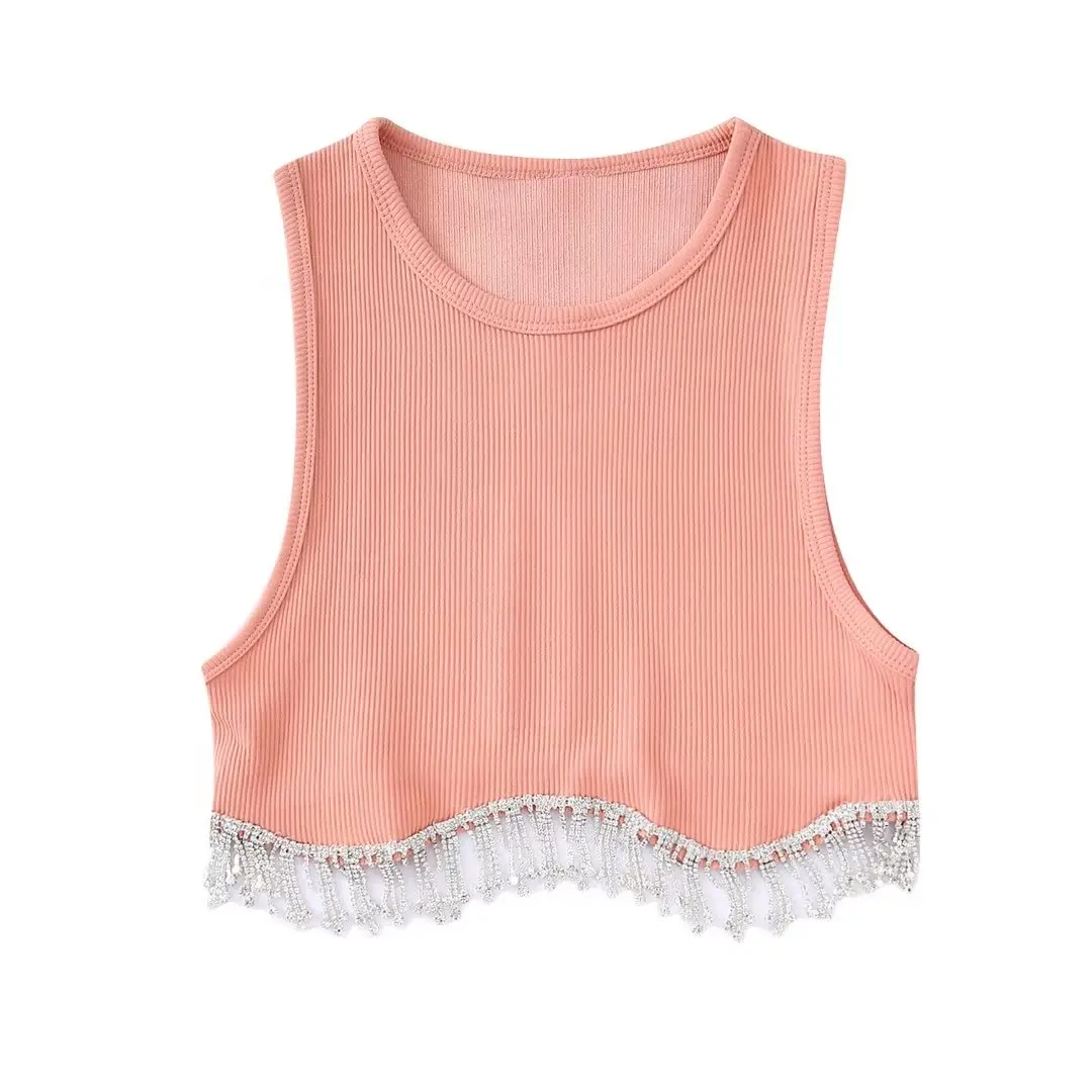 Zevity Women High Street Sexy Hem Tassel Diamond Beading Knitting T Shirt Chic Short Camis Tank Lady Slim Crop Vest Tops LS1311