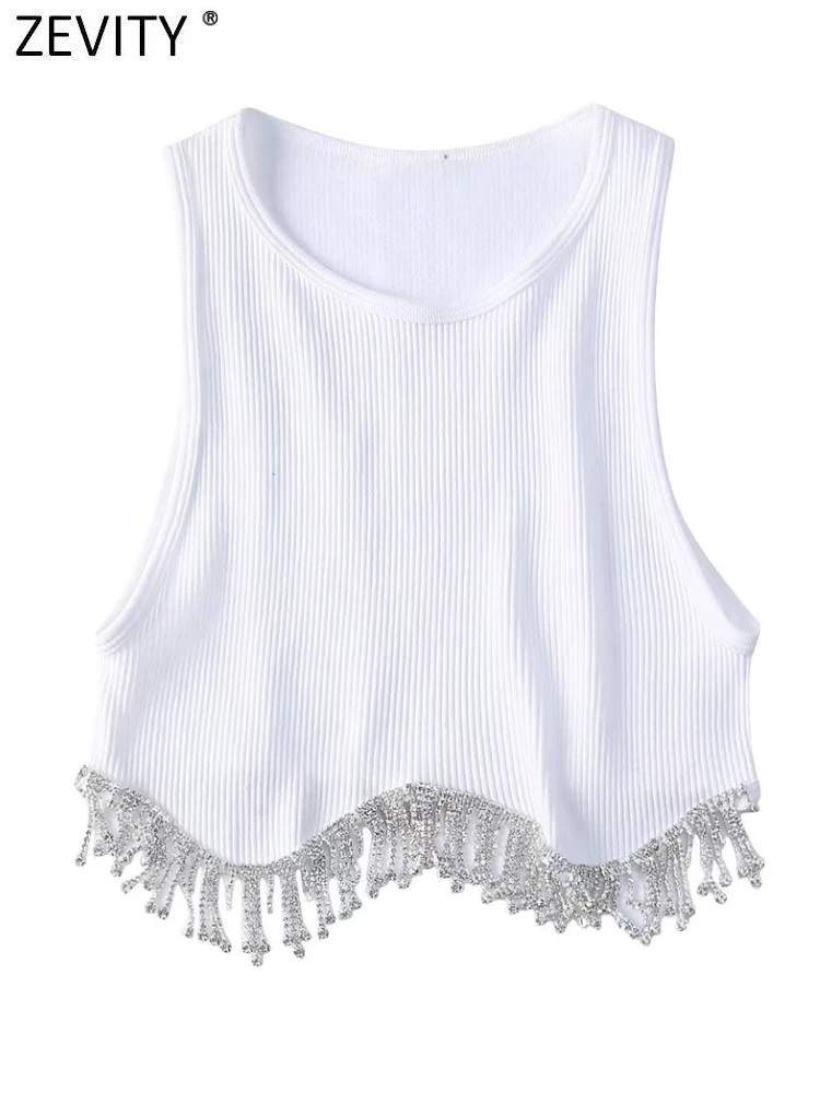 Zevity Women High Street Sexy Hem Tassel Diamond Beading Knitting T Shirt Chic Short Camis Tank Lady Slim Crop Vest Tops LS1311