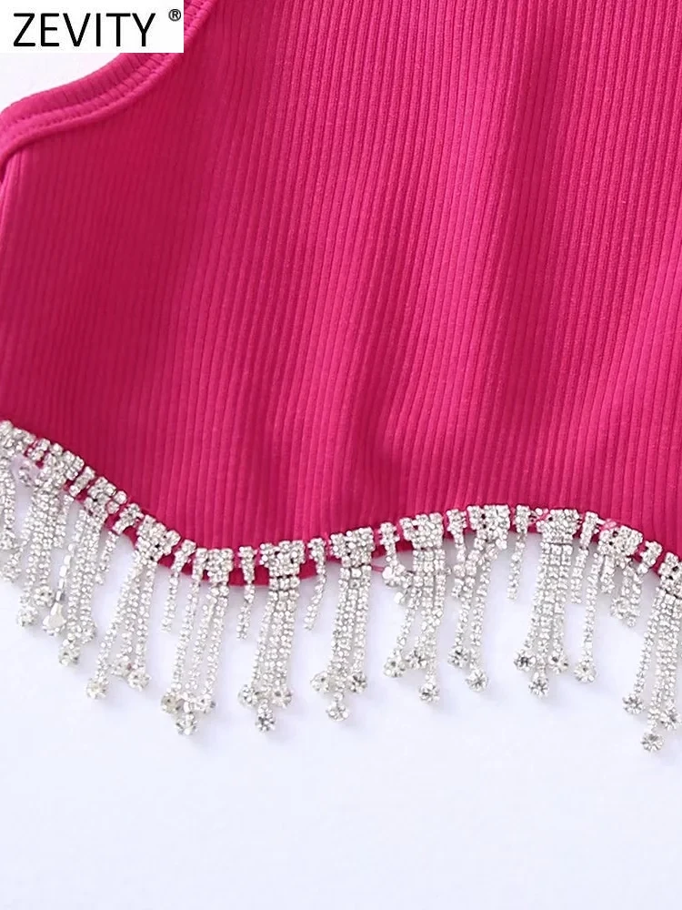 Zevity Women High Street Sexy Hem Tassel Diamond Beading Knitting T Shirt Chic Short Camis Tank Lady Slim Crop Vest Tops LS1311