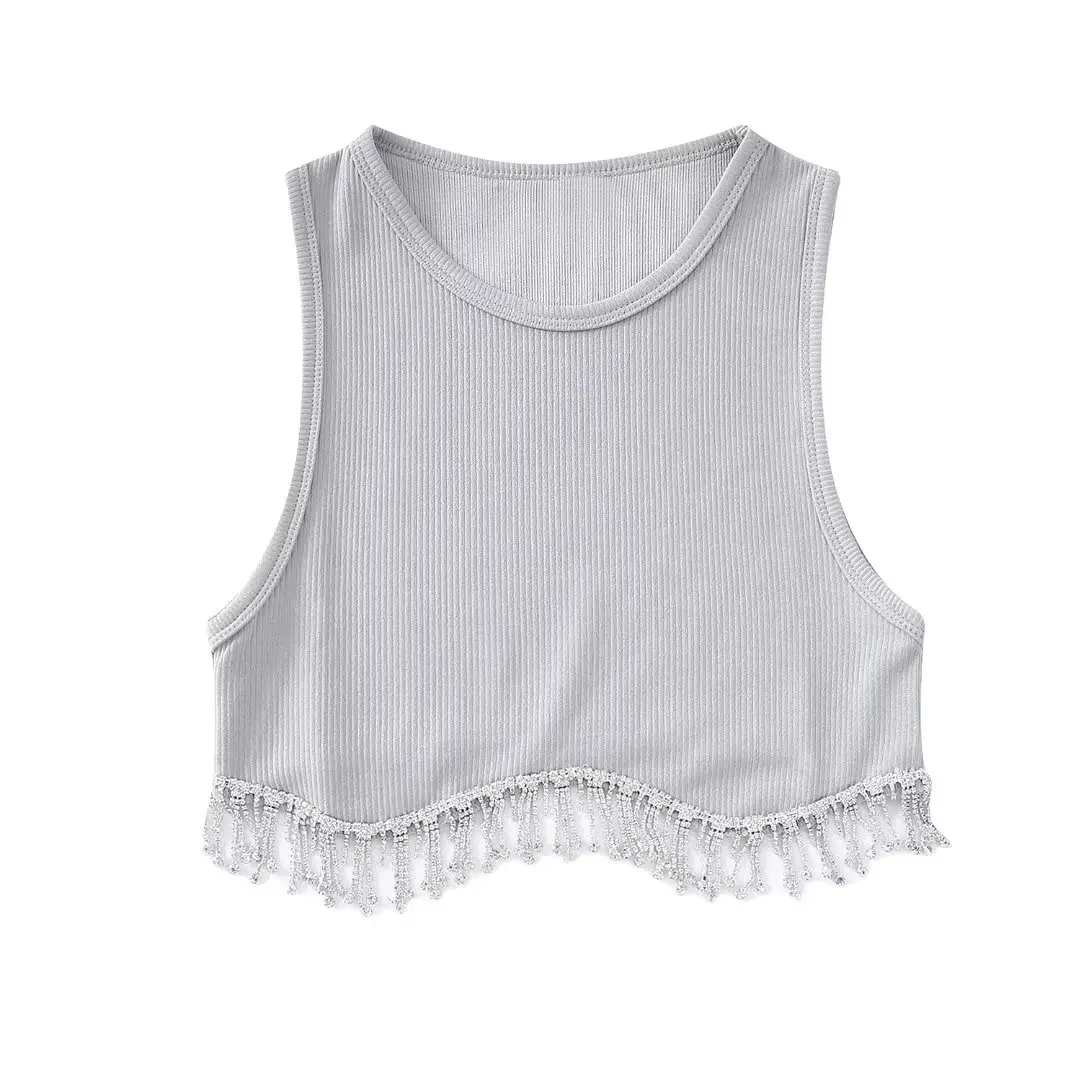 Zevity Women High Street Sexy Hem Tassel Diamond Beading Knitting T Shirt Chic Short Camis Tank Lady Slim Crop Vest Tops LS1311