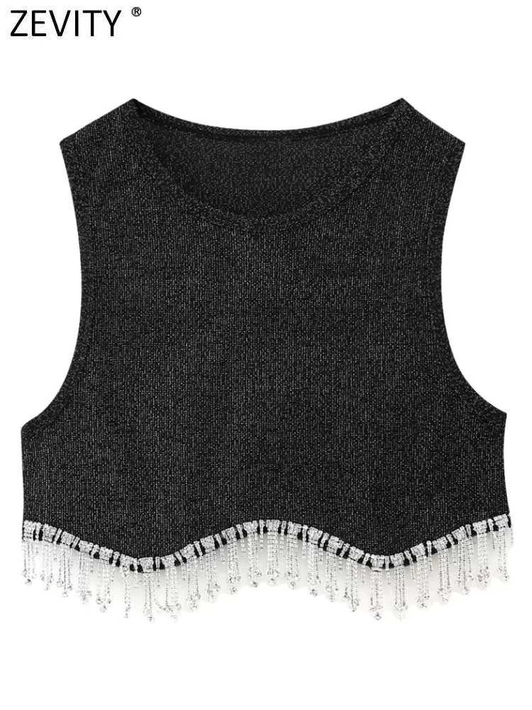 Zevity Women High Street Sexy Hem Tassel Diamond Beading Knitting T Shirt Chic Short Camis Tank Lady Slim Crop Vest Tops LS1311