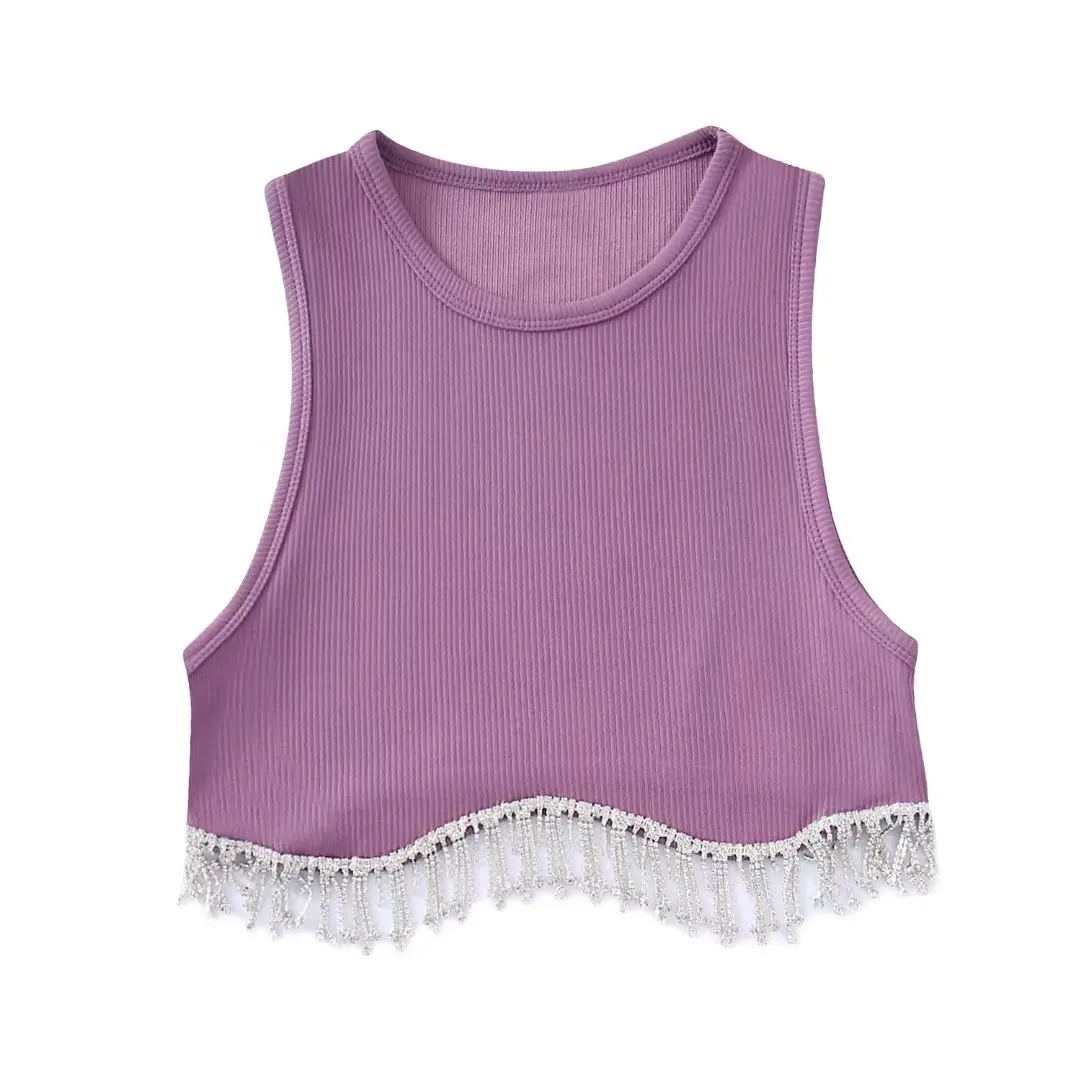 Zevity Women High Street Sexy Hem Tassel Diamond Beading Knitting T Shirt Chic Short Camis Tank Lady Slim Crop Vest Tops LS1311