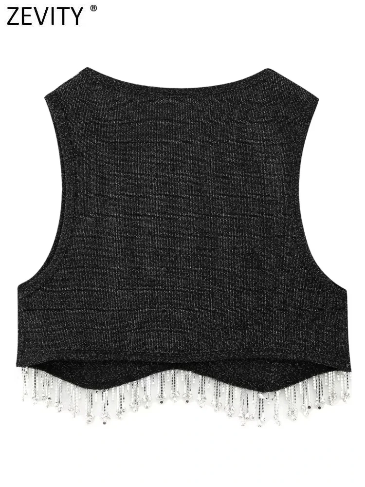 Zevity Women High Street Sexy Hem Tassel Diamond Beading Knitting T Shirt Chic Short Camis Tank Lady Slim Crop Vest Tops LS1311