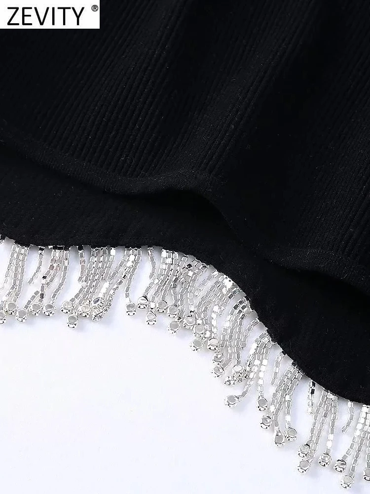 Zevity Women High Street Sexy Hem Tassel Diamond Beading Knitting T Shirt Chic Short Camis Tank Lady Slim Crop Vest Tops LS1311