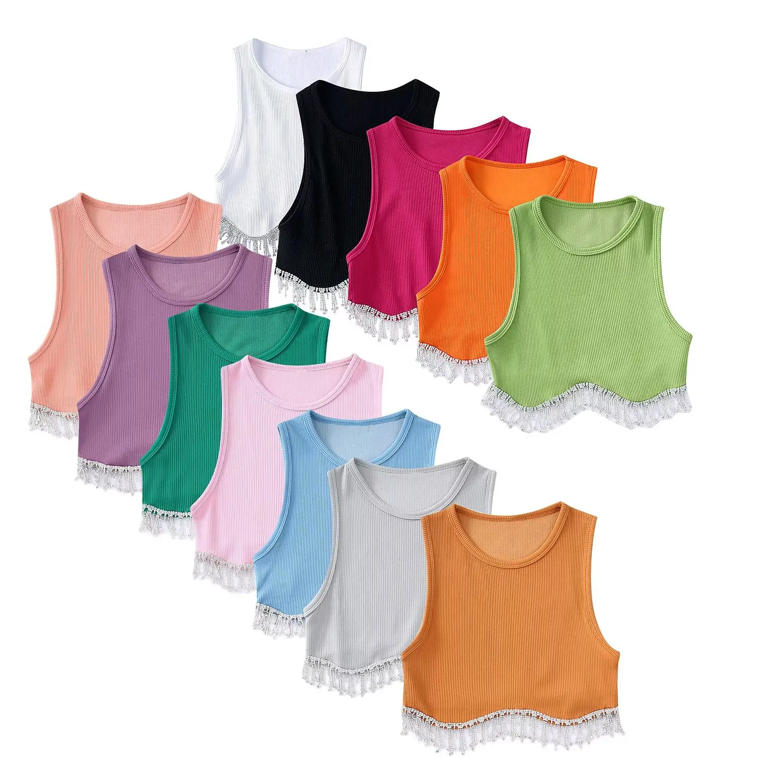 Zevity Women High Street Sexy Hem Tassel Diamond Beading Knitting T Shirt Chic Short Camis Tank Lady Slim Crop Vest Tops LS1311