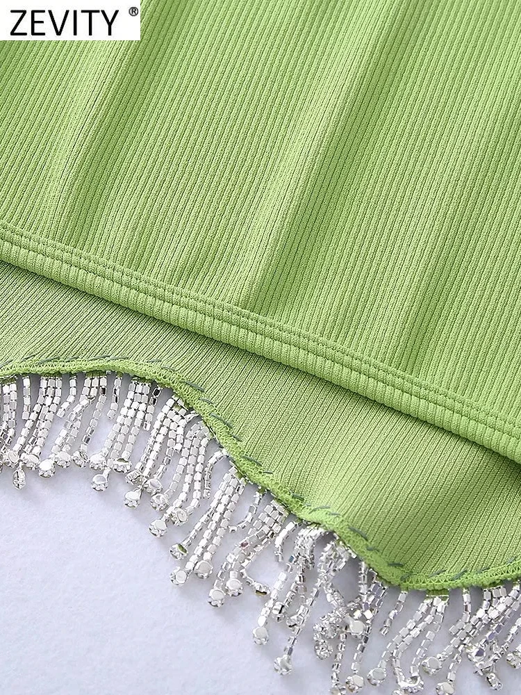 Zevity Women High Street Sexy Hem Tassel Diamond Beading Knitting T Shirt Chic Short Camis Tank Lady Slim Crop Vest Tops LS1311