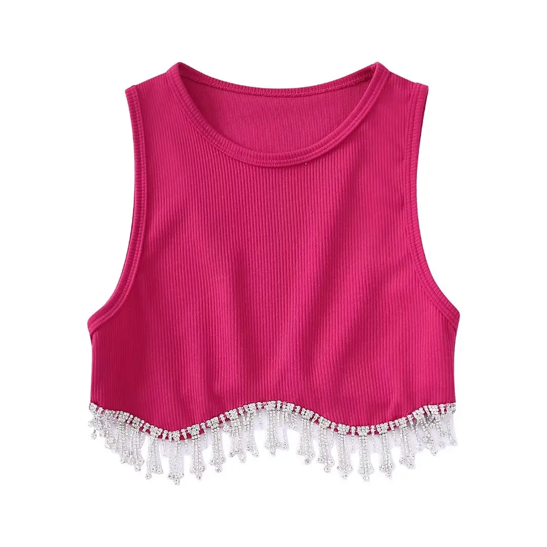 Zevity Women High Street Sexy Hem Tassel Diamond Beading Knitting T Shirt Chic Short Camis Tank Lady Slim Crop Vest Tops LS1311