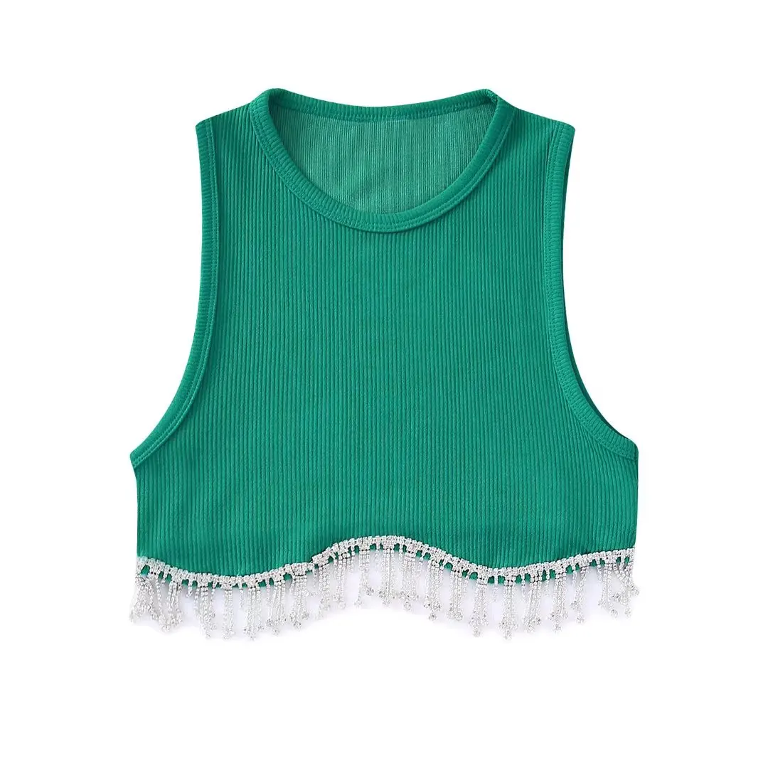 Zevity Women High Street Sexy Hem Tassel Diamond Beading Knitting T Shirt Chic Short Camis Tank Lady Slim Crop Vest Tops LS1311